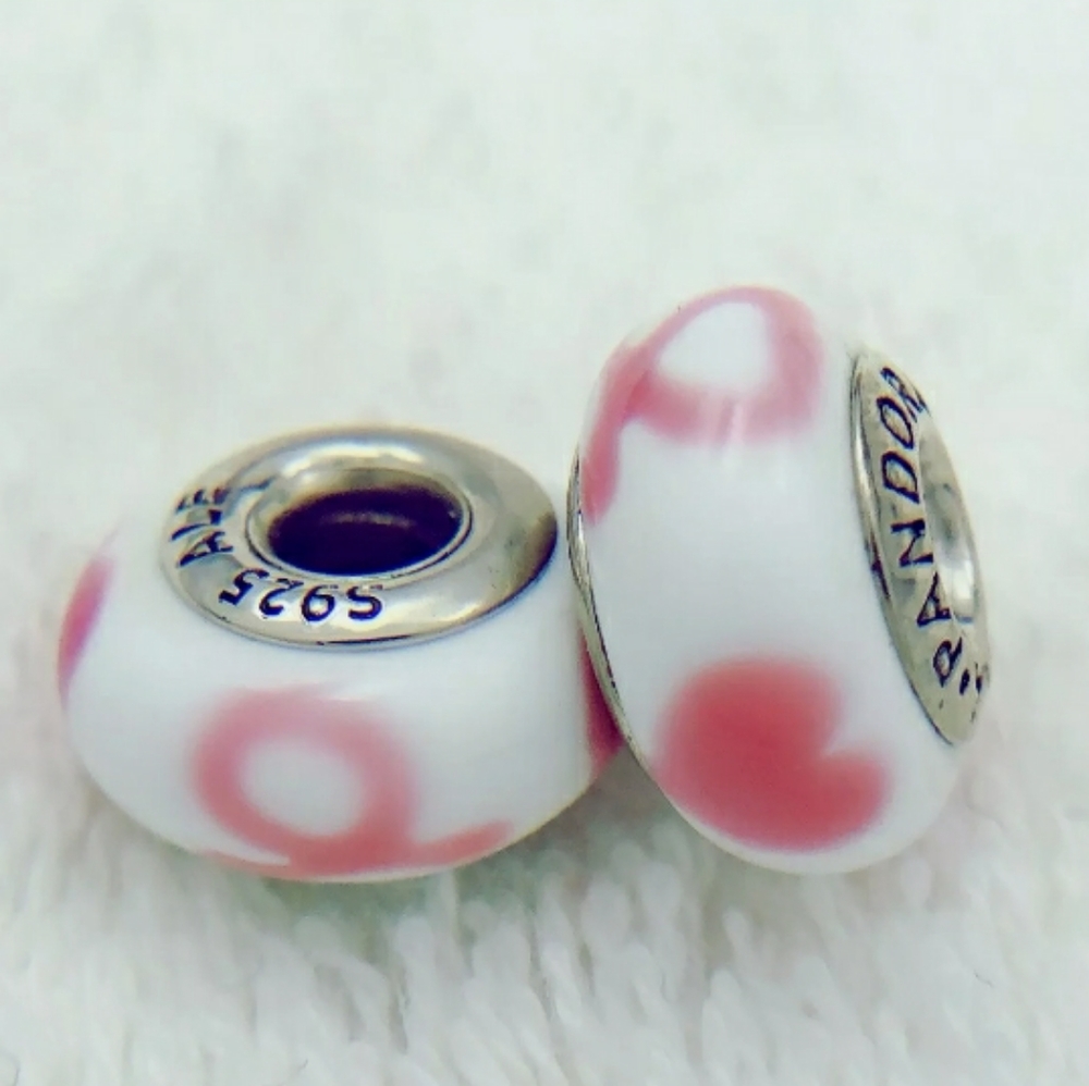 Pandora Pair Of Pink Ribbon Murano Glass Beads.
